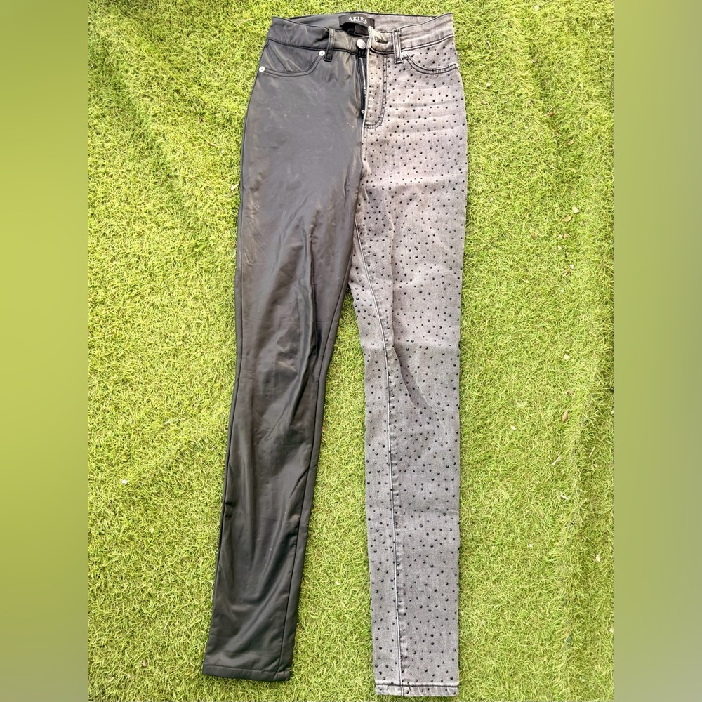 AKIRA FLEX FIT STRETCH HALF AND HALF PU HIGH WAIST SKINNY JEAN WITH RHINSTONE
